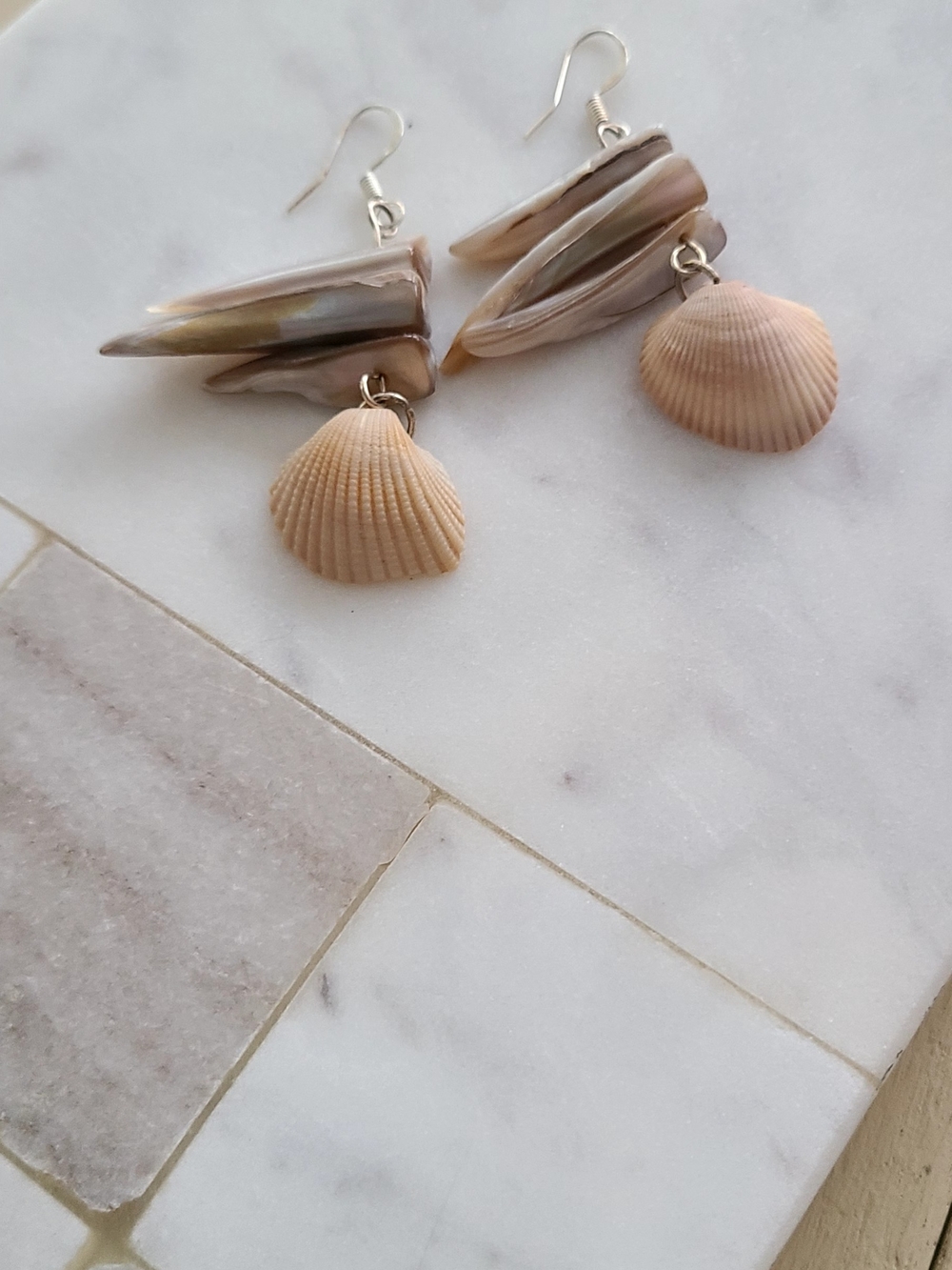 Natural Beige Shell Drop Earrings with Pearlescent Accents